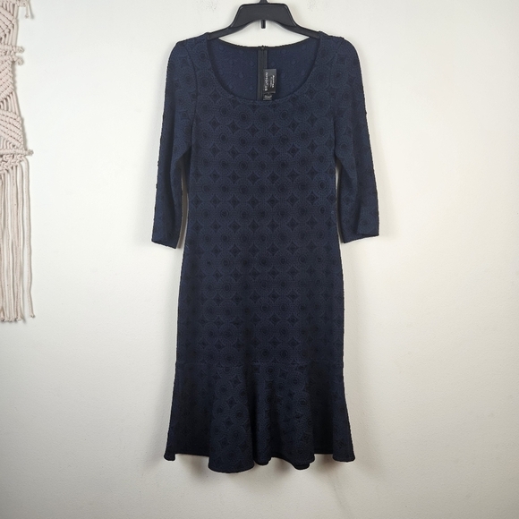 St. John Dresses & Skirts - St John Jacquard Knit Black Navy Dress Half sleeve Scoop Neck Flare A Line 4